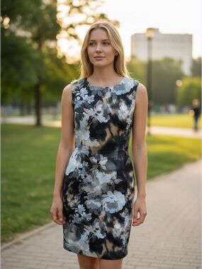 Calvin Klein Black and Gray Floral Midi Dress